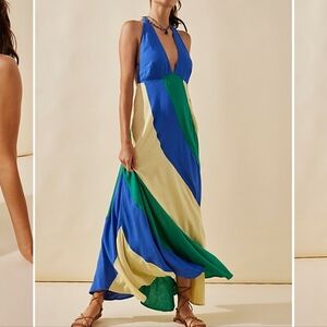 NEW Free People Give Me A Spin Midi Blue Green Yellow Halter Open Back Dress XL